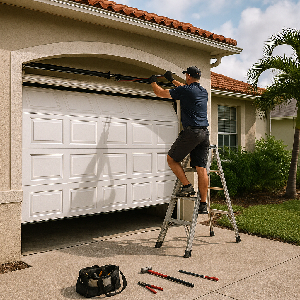 Garage door repair technician working on mechanism