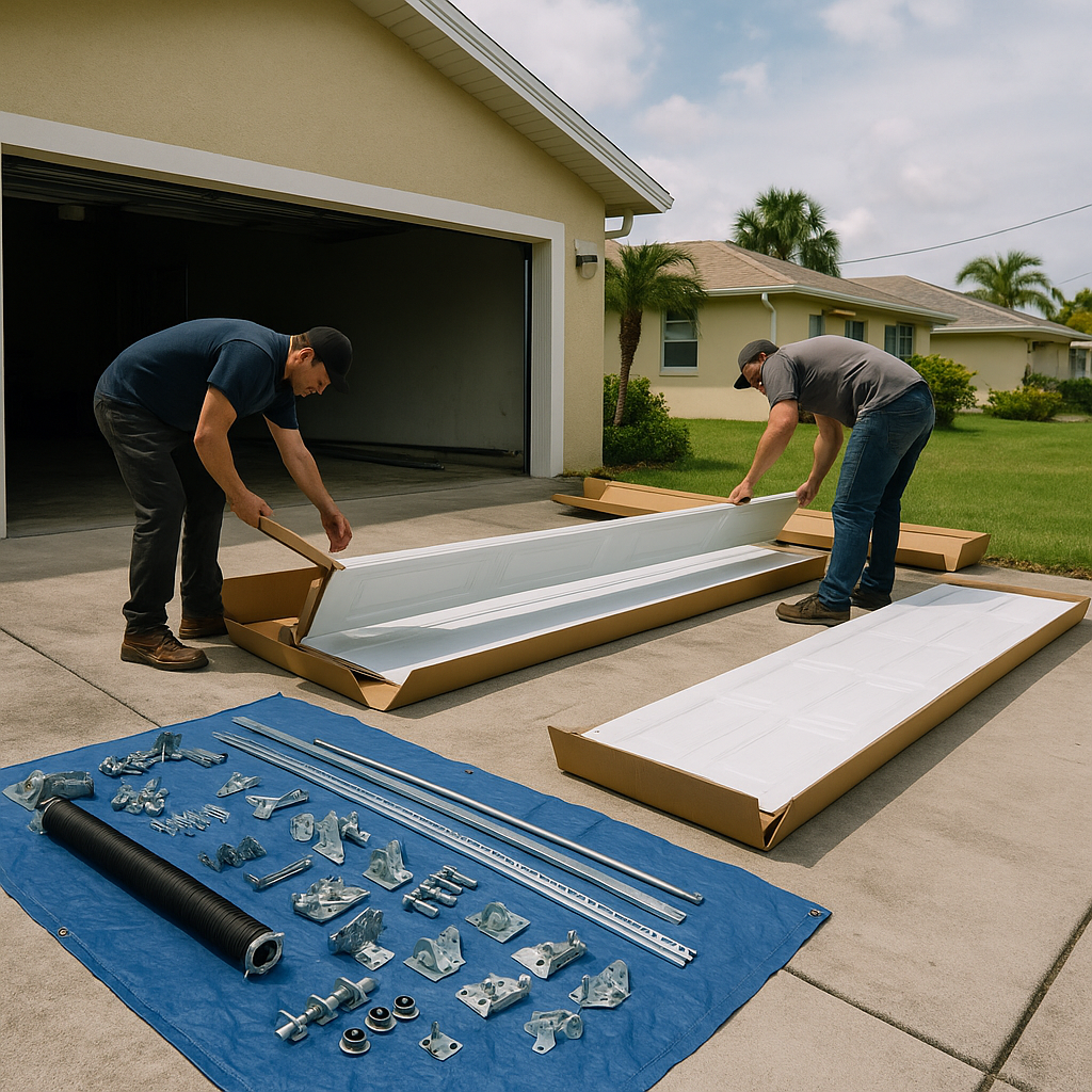 Garage door installation, unpacking panels and hardware