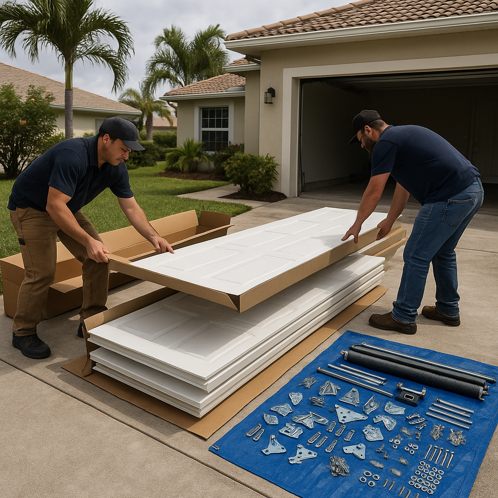 Garage door installation with new panels and hardware