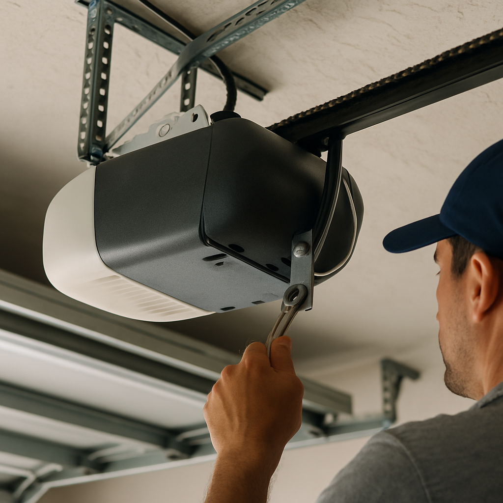 Technician working on garage door opener installation