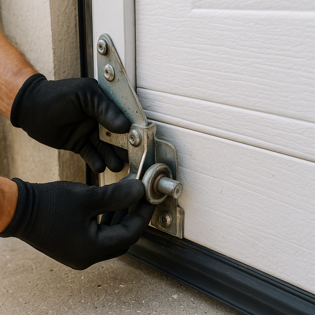 Technician installing garage door parts on a white door panel